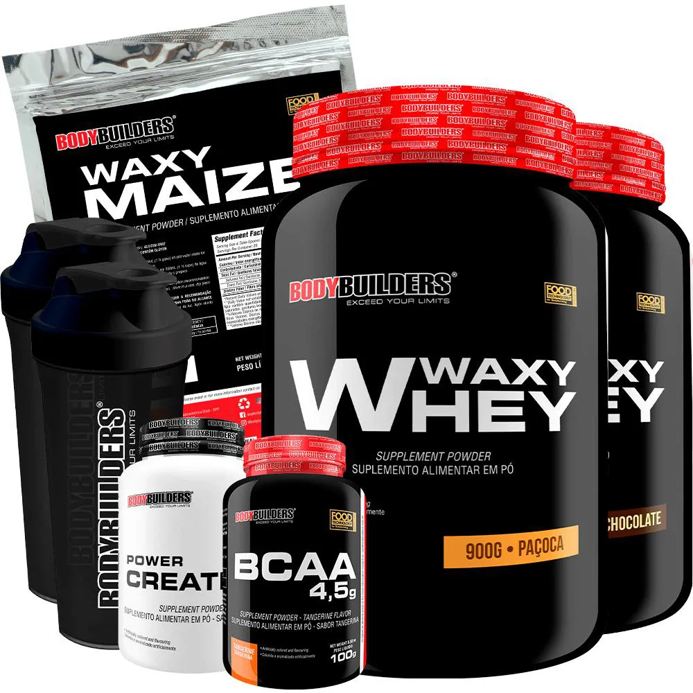 Kit 2x Waxy Whey 900g + Waxy Maize 800g + Power Creatina 100g + Bcaa 4.5 100g + 2x Coqueteleira - Bodybuilders Chocolate e Paçoca
