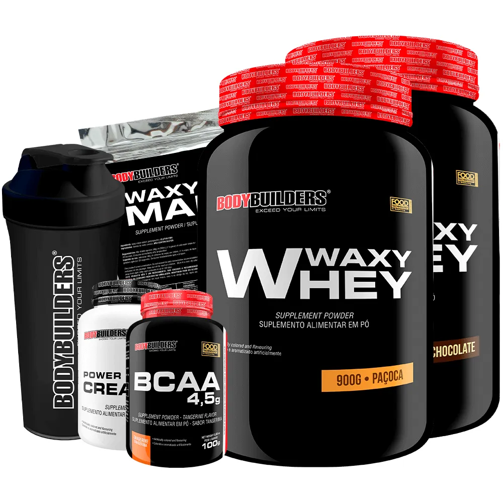 Kit 2x Waxy Whey 900g + Bcaa 100g + Power Creatine 100g + Waxy Maize 800g + Coq – Bodybuilders Chocolate e Paçoca