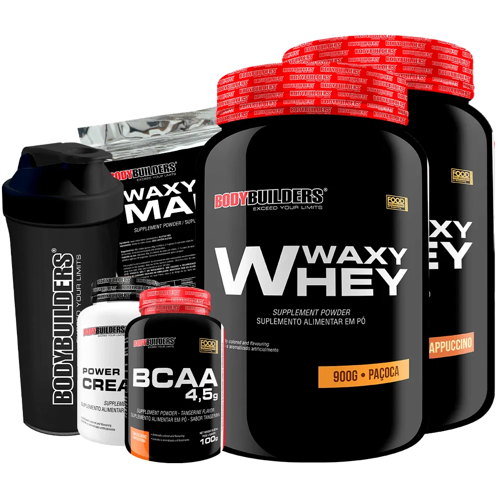 Kit 2x Waxy Whey 900g + Bcaa 100g + Power Creatine 100g + Waxy Maize 800g + Coq – Bodybuilders Cappuccino e Paçoca