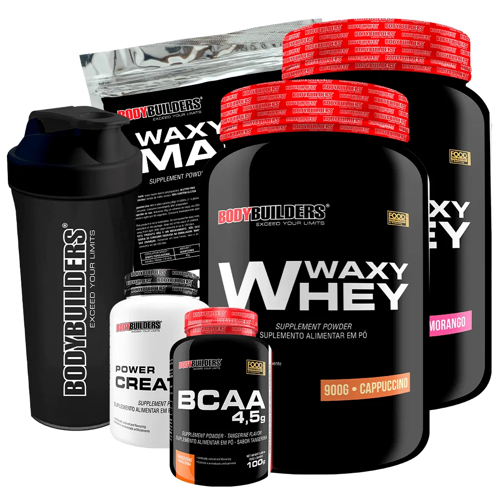 Kit 2x Waxy Whey 900g + Bcaa 100g + Power Creatine 100g + Waxy Maize 800g + Coq – Bodybuilders Morango e Cappuccino