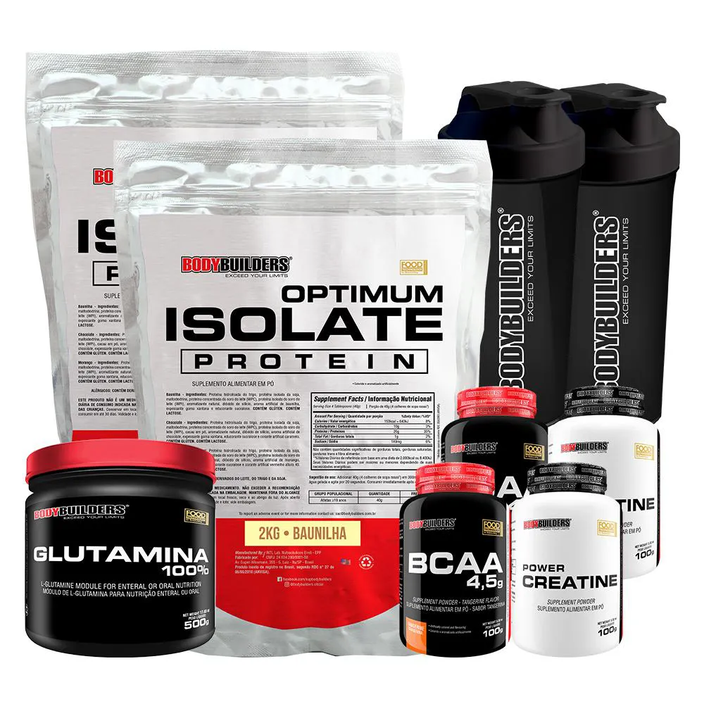 Kit 2x Optimum Isolate Protein 2kg + 2x Bcaa100g+ 2x Creatina100g + Glutamina 500g + 2x Coqueteleira Sabor Baunilha - Bodybuilders