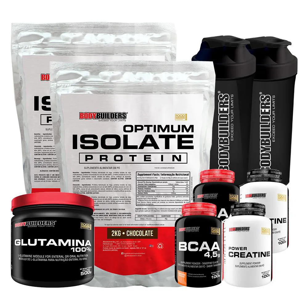 Kit 2x Optimum Isolate Protein 2kg + 2x Bcaa100g+ 2x Creatina100g + Glutamina 500g + 2x Coqueteleira Sabor Chocolate - Bodybuilders