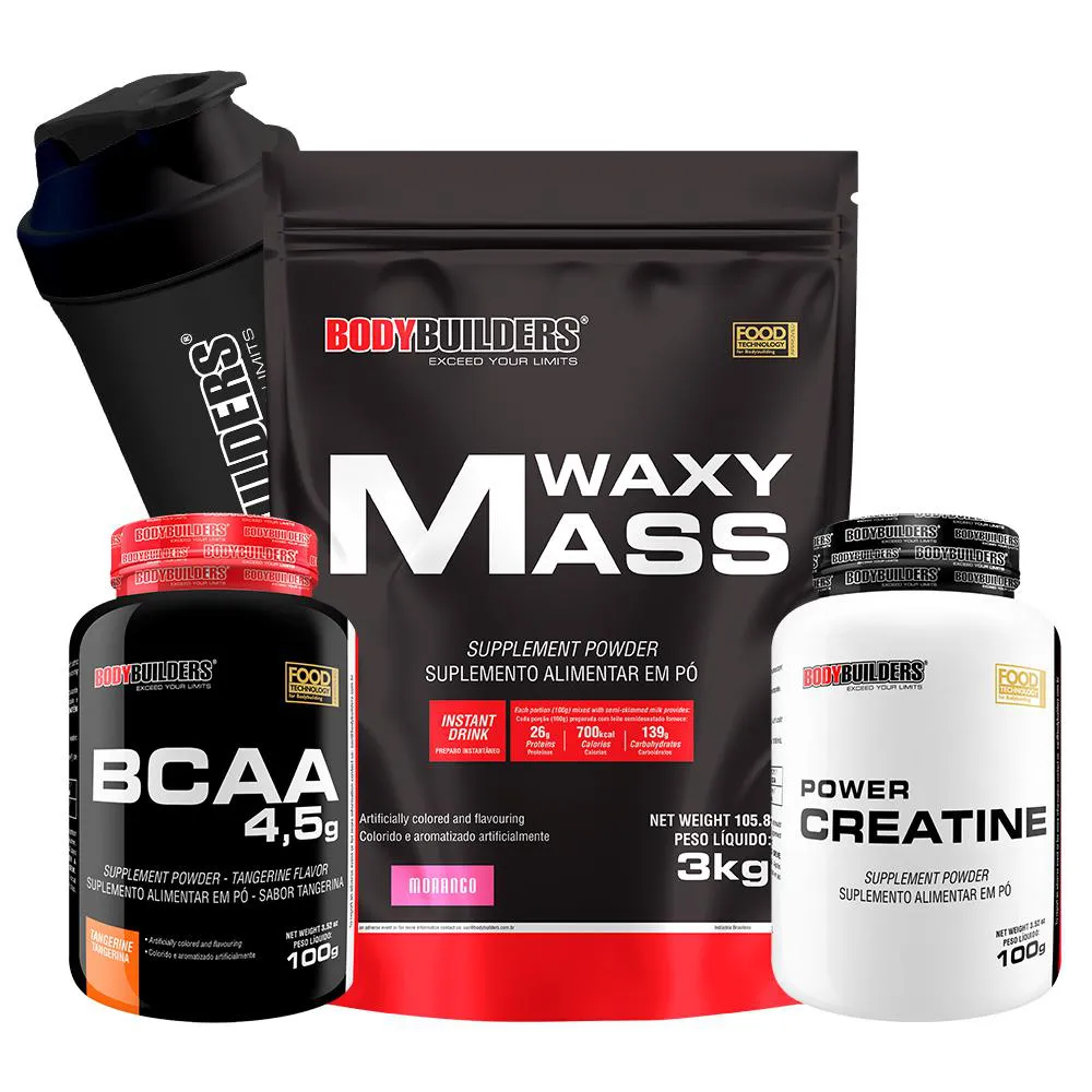 Kit Hipercalórico Waxy Mass 3kg + Bcaa 4,5 100g + Power Creatina 100g + Coqueteleira Sabor Morango – Bodybuilders