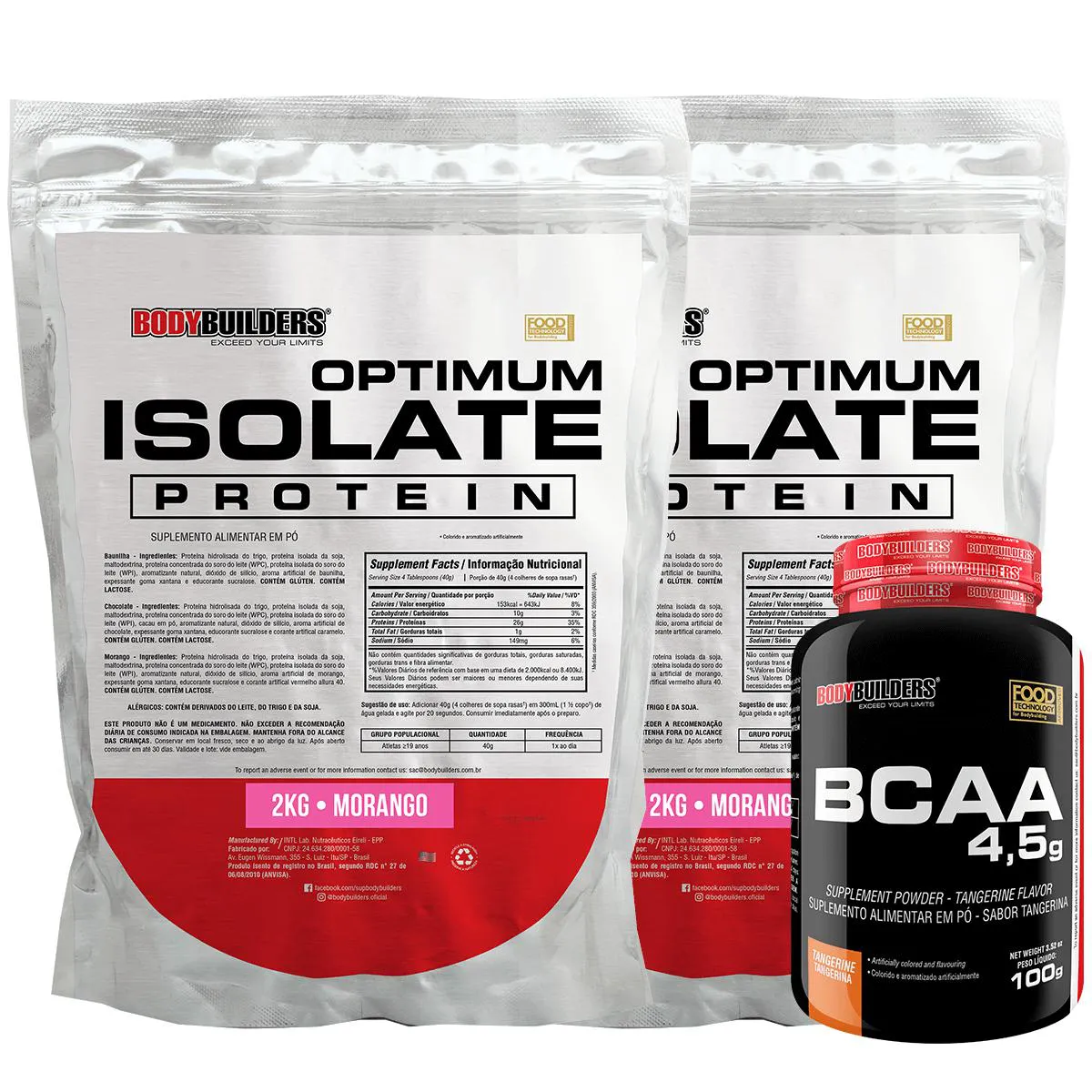 Kit 2x Optimum Isolate Whey Protein 2kg + Bcaa 100g Sabor Morango - Bodybuilders