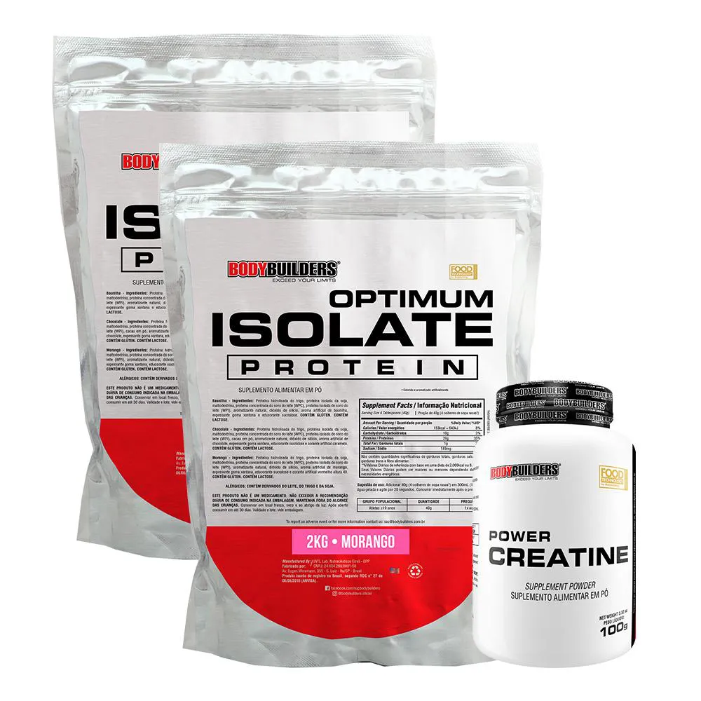 Kit 2x Optimum Isolate Whey Protein 2kg + Power Creatina 100g Sabor Morango - Bodybuilders