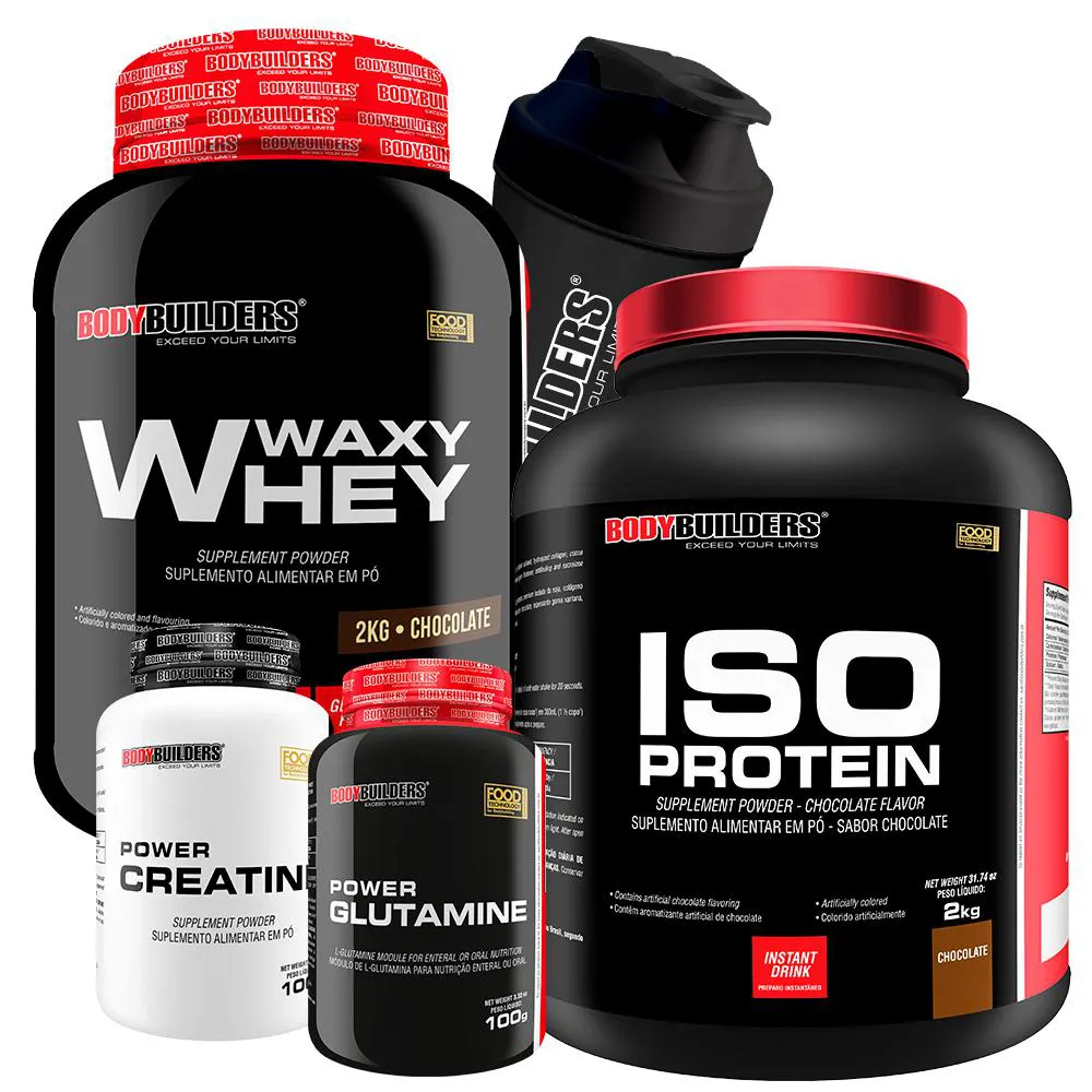 Kit Waxy Whey 2kg + Iso Protein 2kg+ Power Creatina 100g + Power Glutamina 100g + Coqueteleira Sabor: Chocolate - Bodybuilders