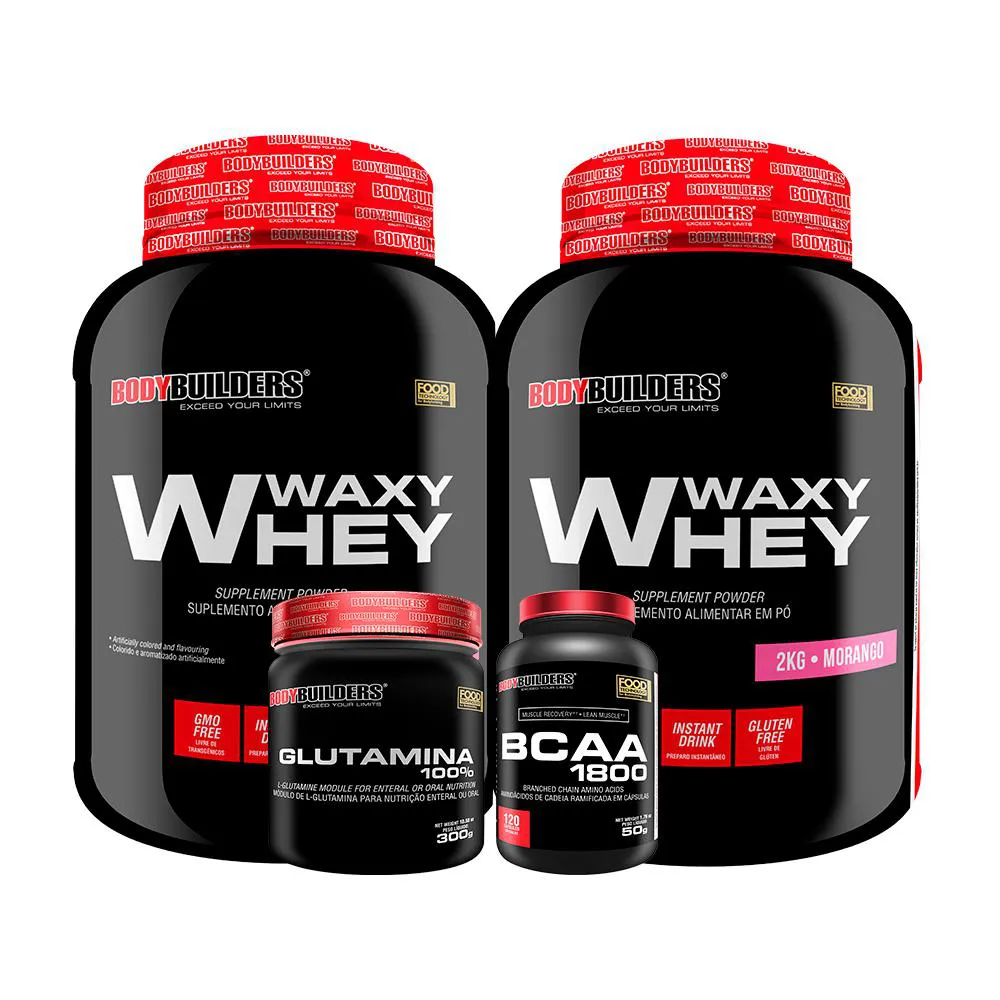 Kit 2x Whey Protein Waxy Whey 2kg + Glutamina 300g + Bcaa 1800 120 cápsulas - Bodybuilders Morango