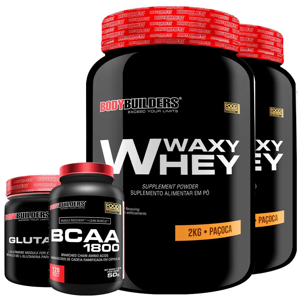 Kit 2x Whey Protein Waxy Whey 2kg + Glutamina 300g + Bcaa 1800 120 cápsulas - Bodybuilders Paçoca
