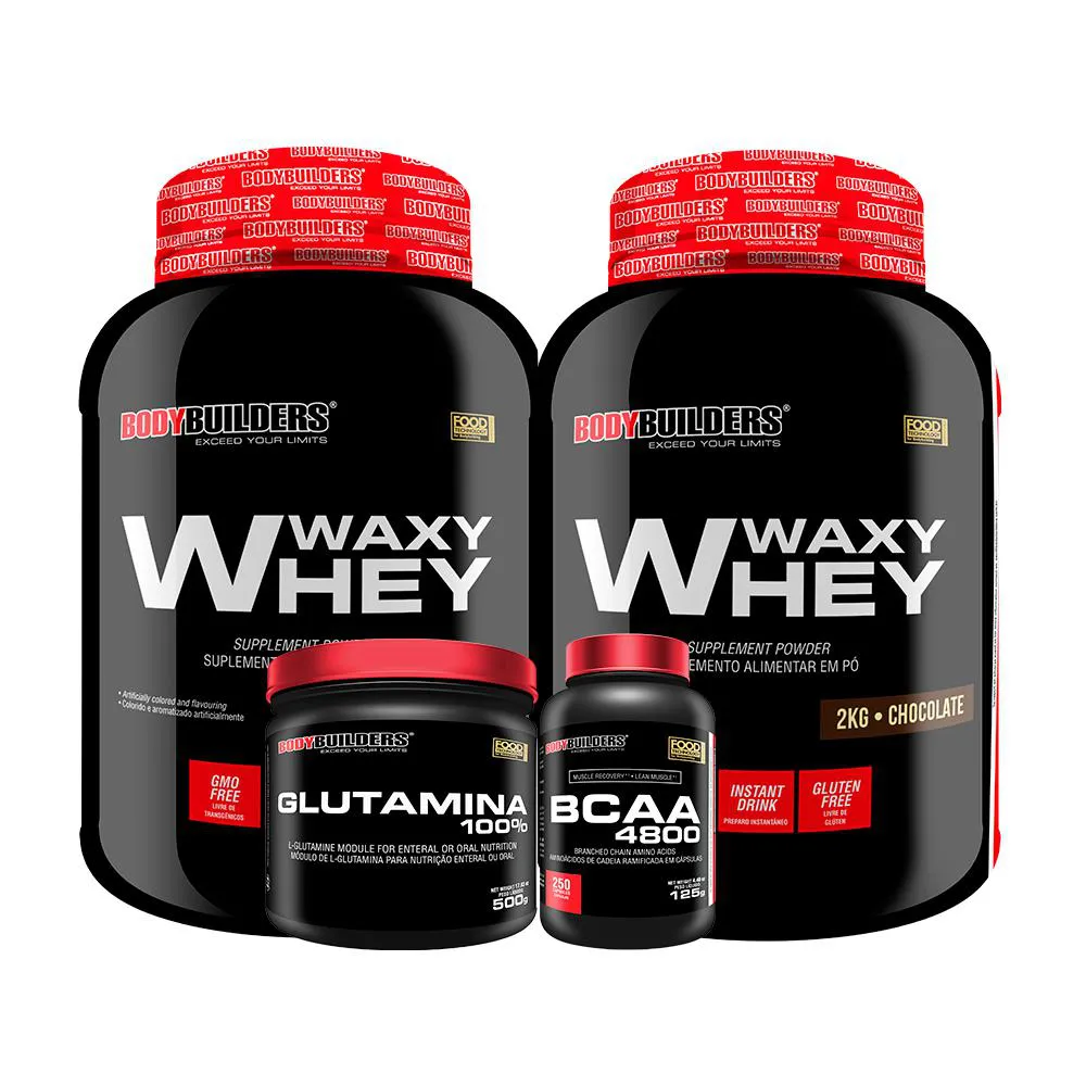 Kit 2x Whey Protein Waxy Whey 2kg + Glutamina 500g + Bcaa 4800 250 cápsulas - Bodybuilders Morango