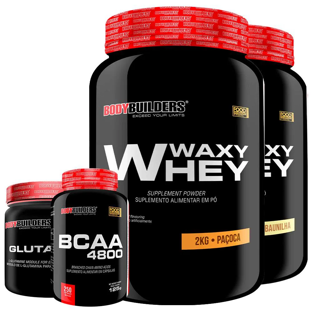 Kit 2x Whey Protein Waxy Whey 2kg + Glutamina 500g + Bcaa 4800 250 cápsulas - Bodybuilders Baunilha e Paçoca