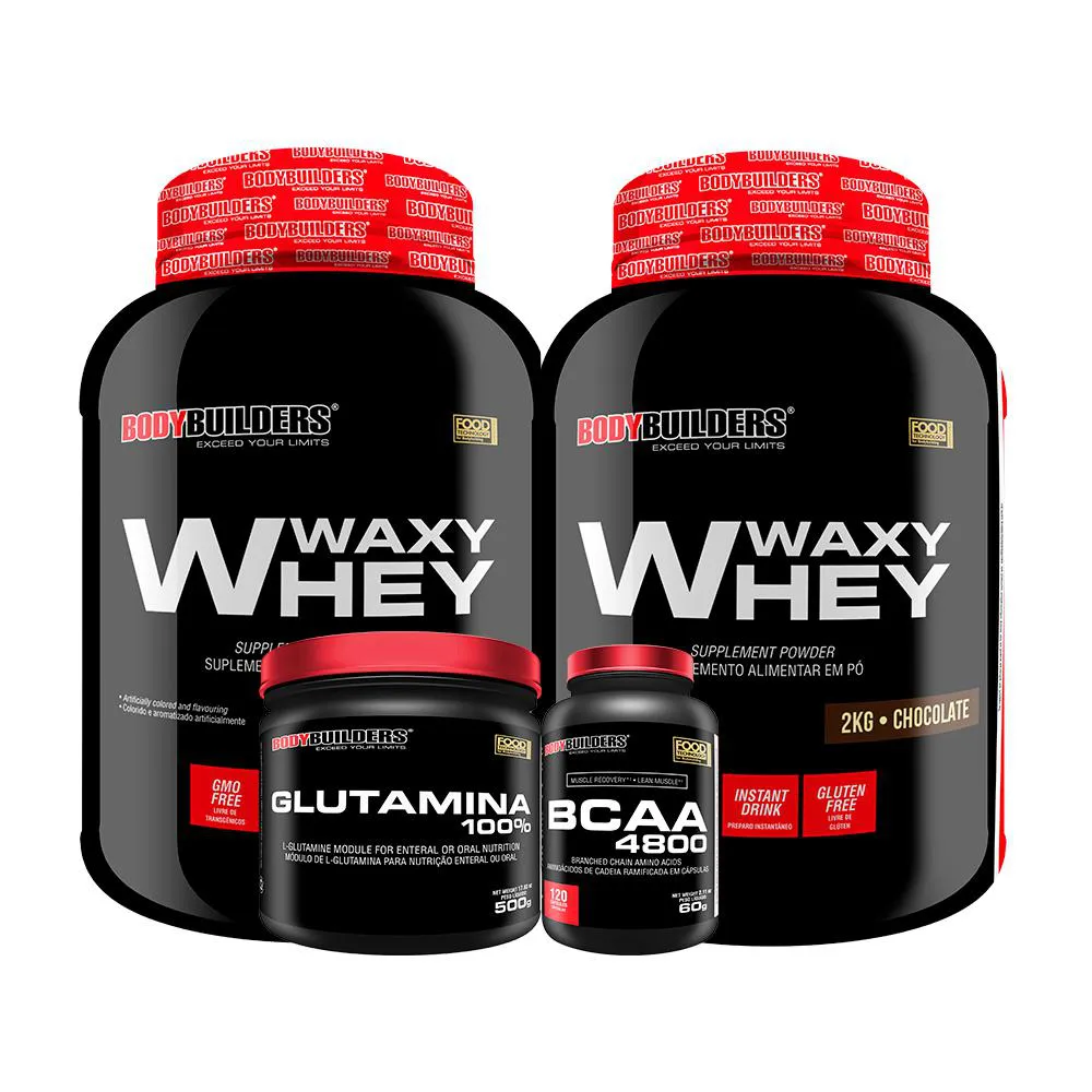 Kit 2x Whey Protein Waxy Whey 2kg + Glutamina 500g + Bcaa 4800 120 cápsulas - Bodybuilders Morango