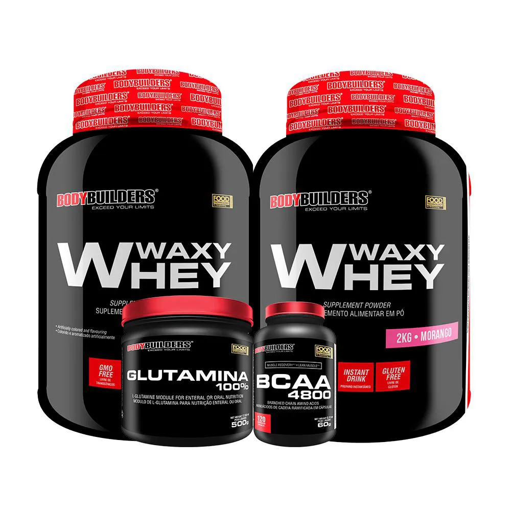 Kit 2x Whey Protein Waxy Whey 2kg + Glutamina 500g + Bcaa 4800 120 cápsulas - Bodybuilders Cappuccino e Chocolate