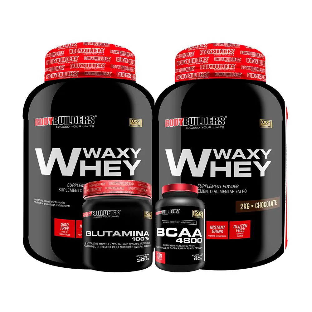 Kit 2x Whey Protein Waxy Whey 2kg + Glutamina 300g + Bcaa 4800 120 cápsulas - Bodybuilders Chocolate