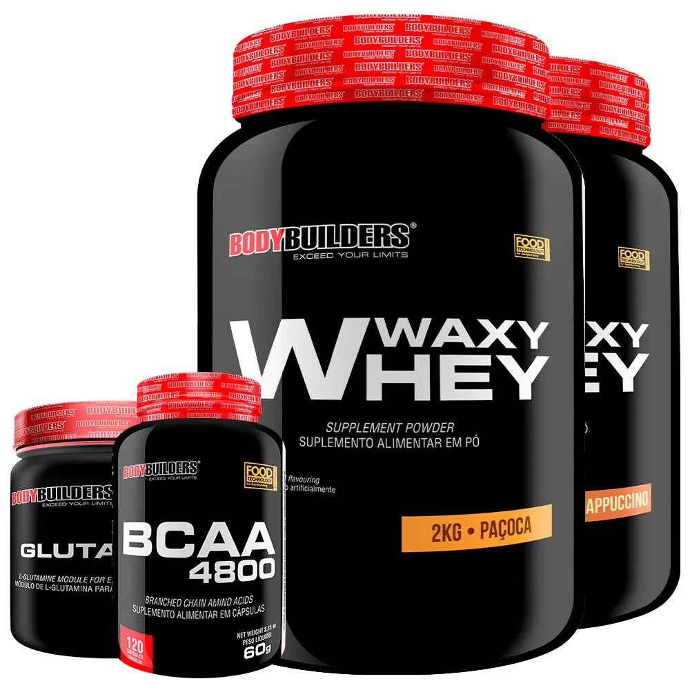 Kit 2x Whey Protein Waxy Whey 2kg + Glutamina 300g + Bcaa 4800 120 cápsulas - Bodybuilders Cappuccino e Paçoca