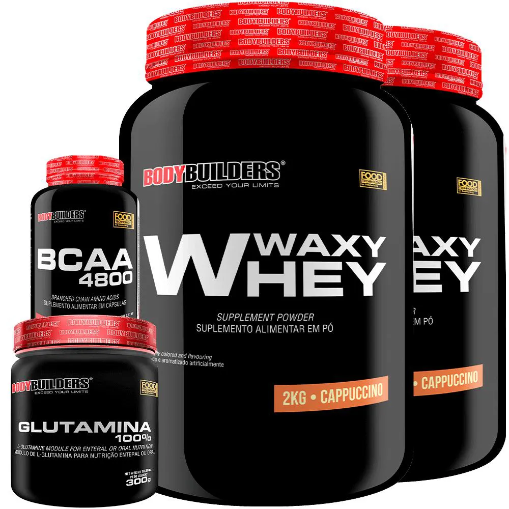 Kit 2x Whey Protein Waxy Whey 2kg + Glutamina 300g + Bcaa 4800 120 cápsulas - Bodybuilders Cappuccino
