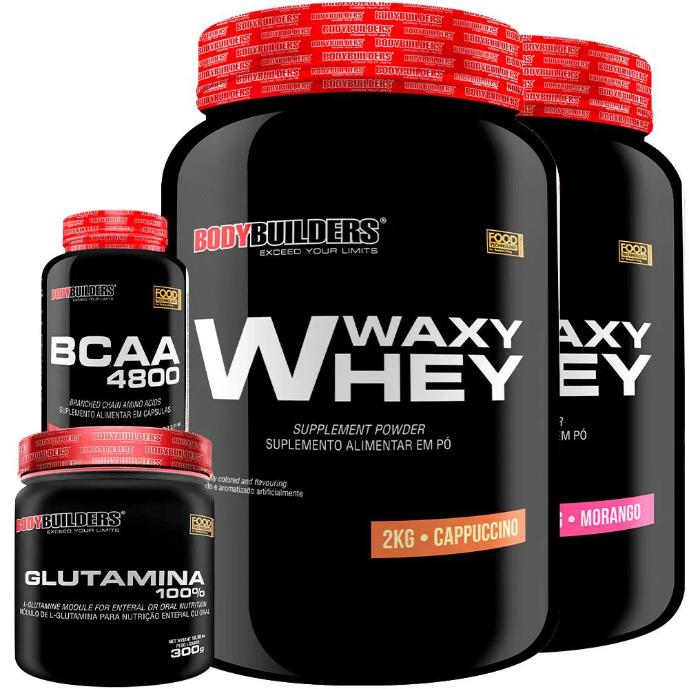 Kit 2x Whey Protein Waxy Whey 2kg + Glutamina 300g + Bcaa 4800 120 cápsulas - Bodybuilders Cappuccino e Morango
