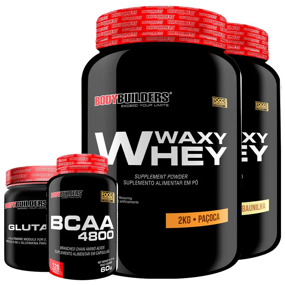 Kit 2x Whey Protein Waxy Whey 2kg + Glutamina 300g + Bcaa 4800 120 cápsulas - Bodybuilders Baunilha e Paçoca