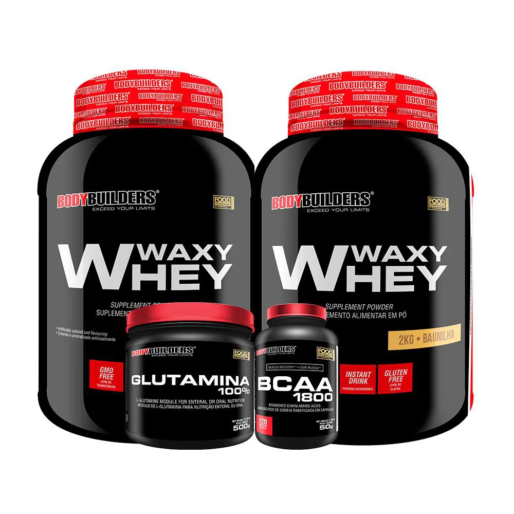 Kit 2x Whey Protein Waxy Whey 2kg + Glutamina 500g + Bcaa 1800 120 cápsulas - Bodybuilders Baunilha
