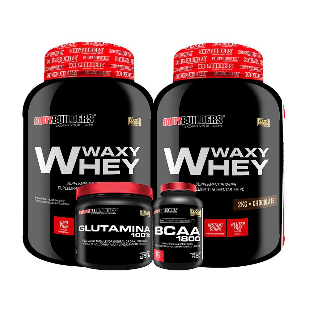Kit 2x Whey Protein Waxy Whey 2kg + Glutamina 500g + Bcaa 1800 120 cápsulas - Bodybuilders Chocolate