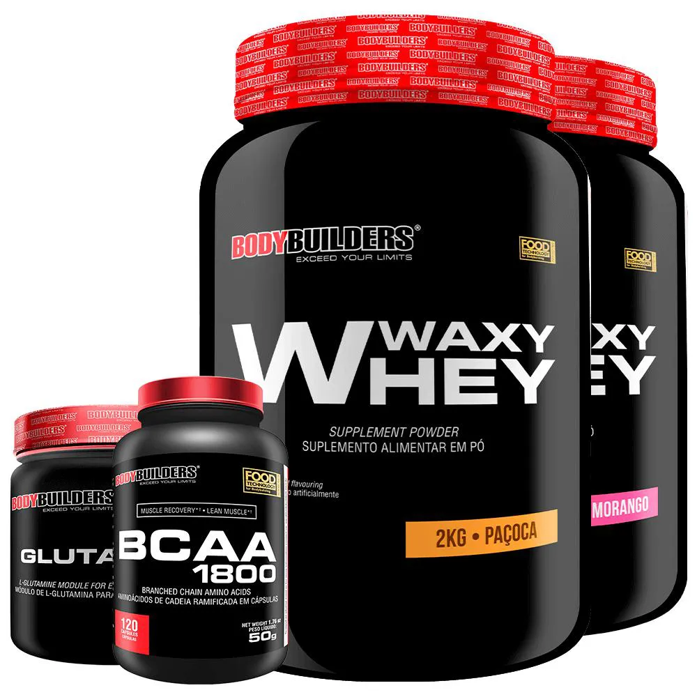 Kit 2x Whey Protein Waxy Whey 2kg + Glutamina 500g + Bcaa 1800 120 cápsulas - Bodybuilders Morango e Paçoca