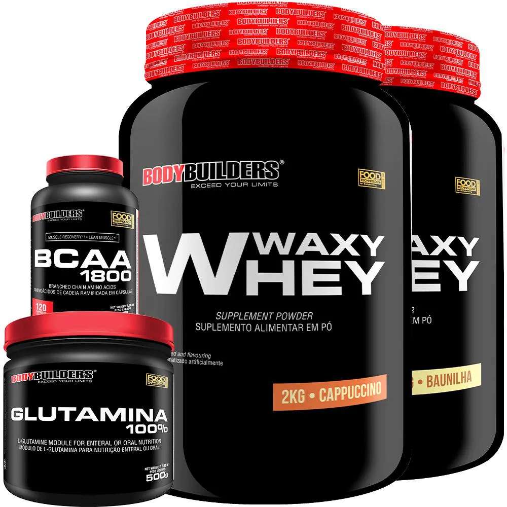 Kit 2x Whey Protein Waxy Whey 2kg + Glutamina 500g + Bcaa 1800 120 cápsulas - Bodybuilders Cappuccino e Baunilha