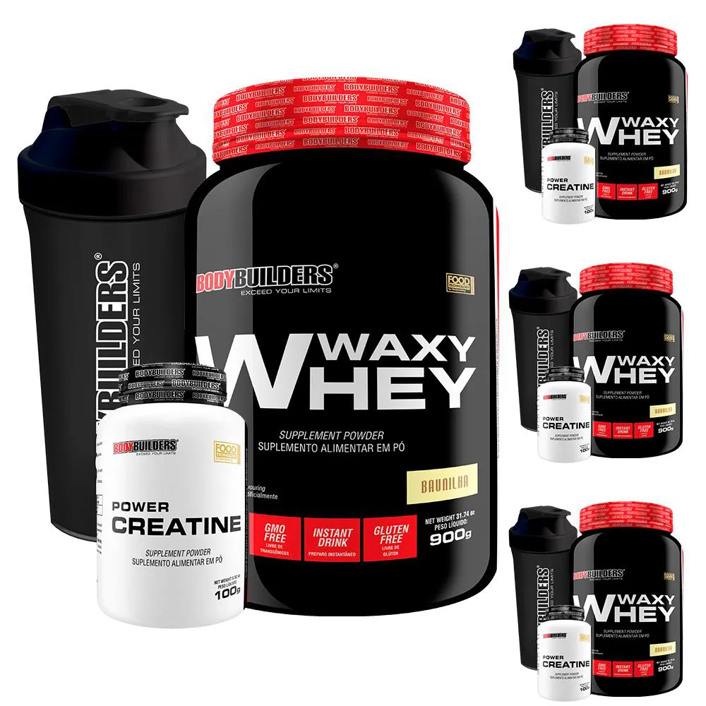 Kit 4x Whey Protein Waxy Whey 900g + 4x Power Creatina 100g + 4x Coqueteleira - Bodybuilders Morango