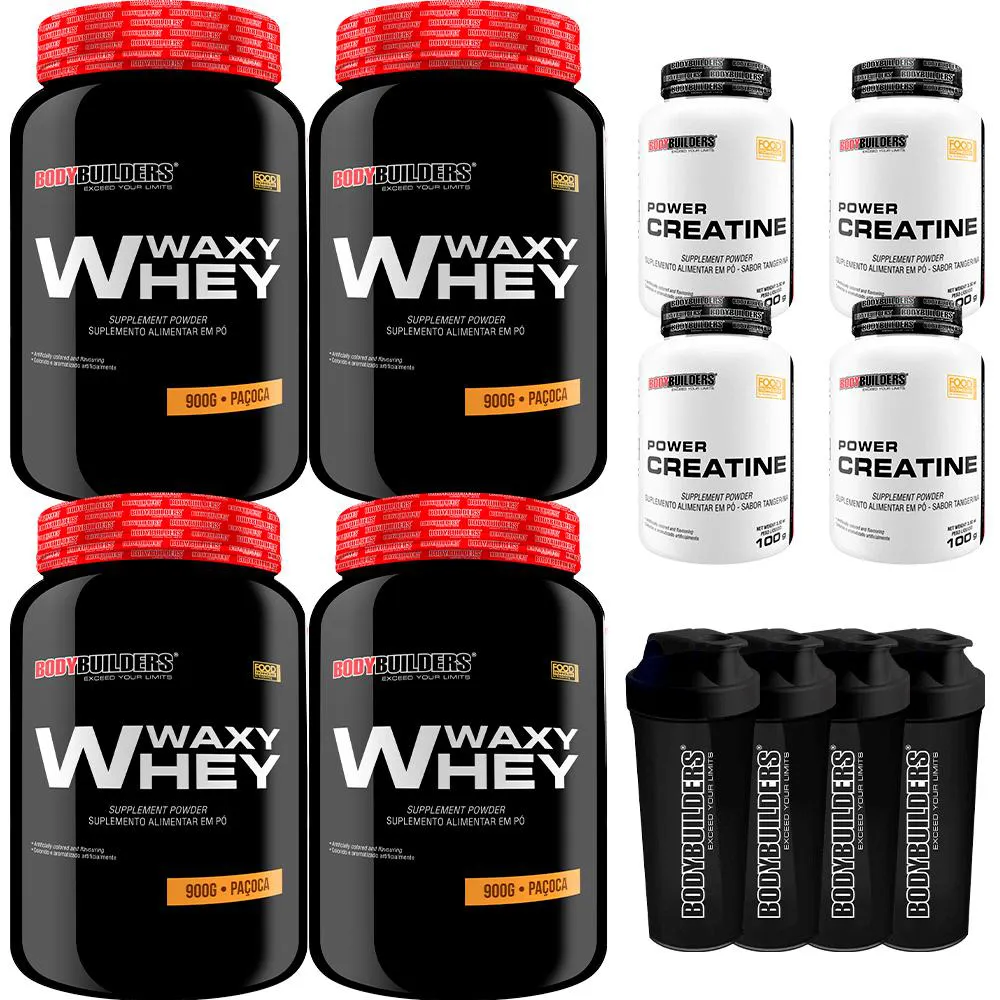 Kit 4x Whey Protein Waxy Whey 900g + 4x Power Creatina 100g + 4x Coqueteleira - Bodybuilders Paçoca
