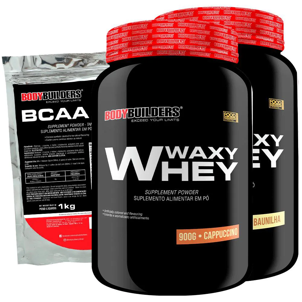 Kit 2x Waxy Whey 2kg + Bcaa 1kg Tangerina - Bodybuilders Baunilha e Cappuccino