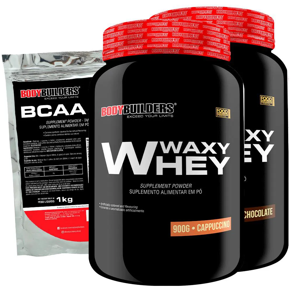 Kit 2x Waxy Whey 2kg + Bcaa 1kg Tangerina - Bodybuilders Chocolate e Cappuccino
