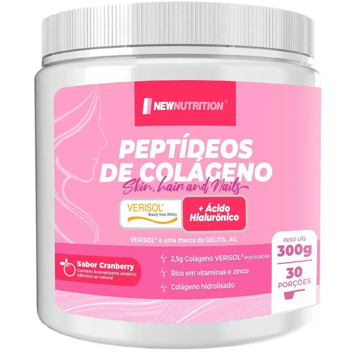 Peptídeos de Colágeno Verisol com Ácido Hialurônico - 300G Cranberry - Newnutrition
