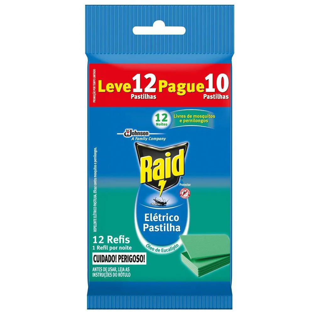 Repelente Elétrico Raid Pastilha 12 Noites Óleo de Eucalipto Leve 12 Pague 10 unidades Refil