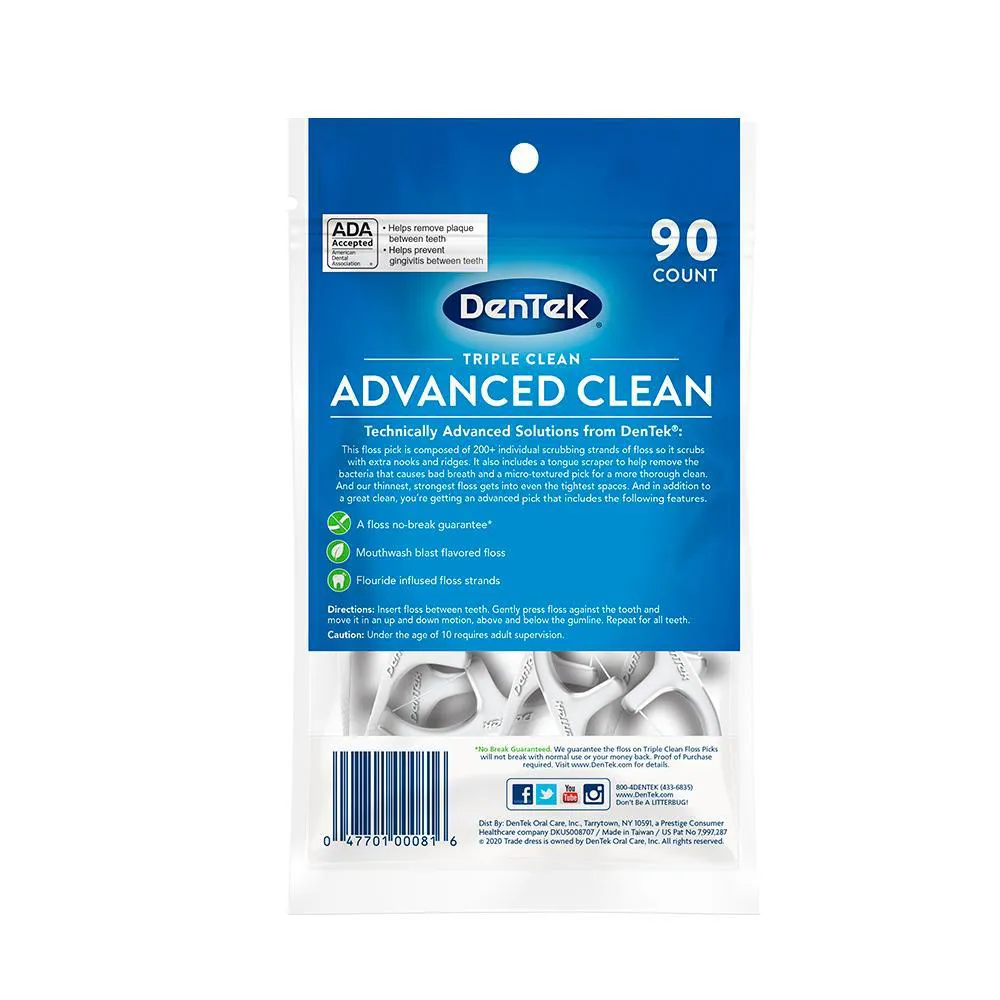 Fio Dental com Haste DenTek Floss Picks Triple Clean Advanced 90un
