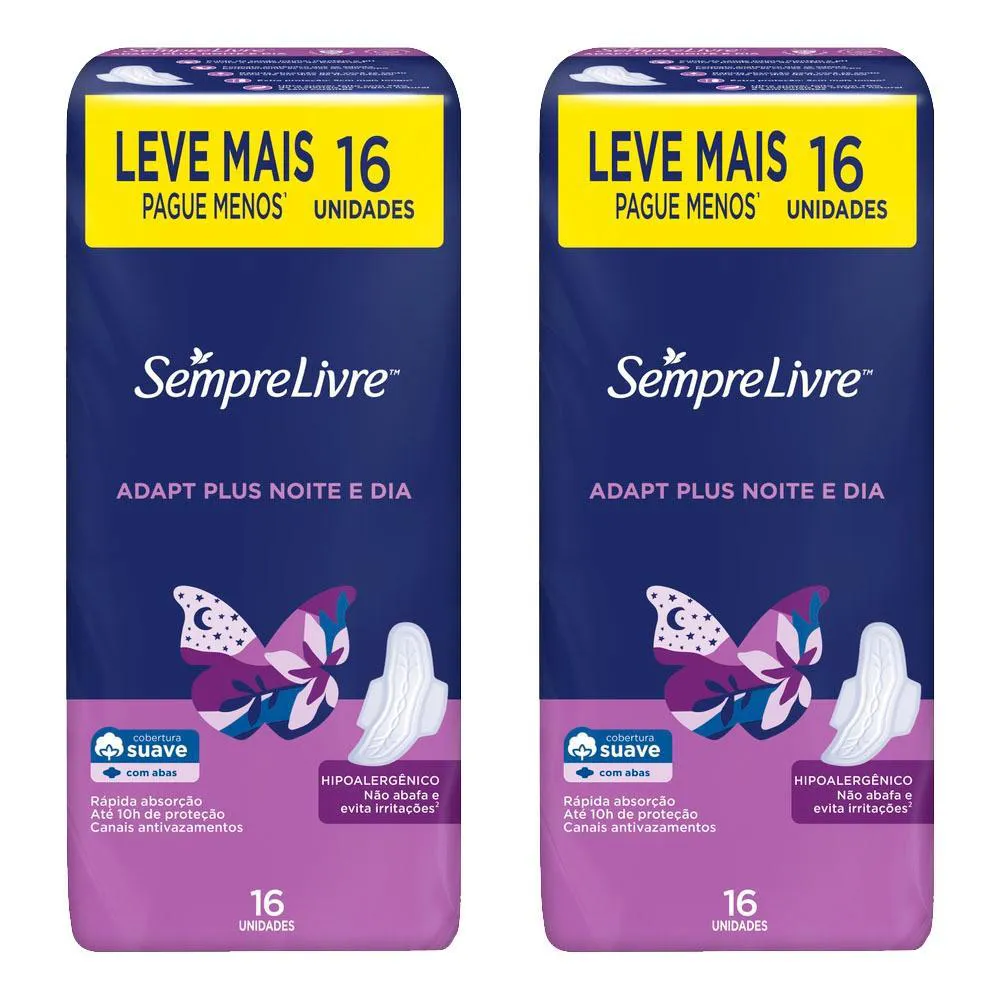 Kit 2 Absorventes Externo Sempre Livre Adapt Plus Noite e Dia com Abas 16 unidades
