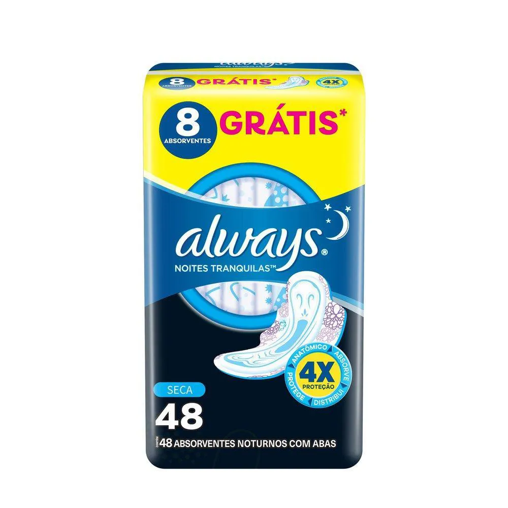 Absorvente Noturno Always Noites Tranquilas Cobertura Seca com Abas Leve 48 Pague 40