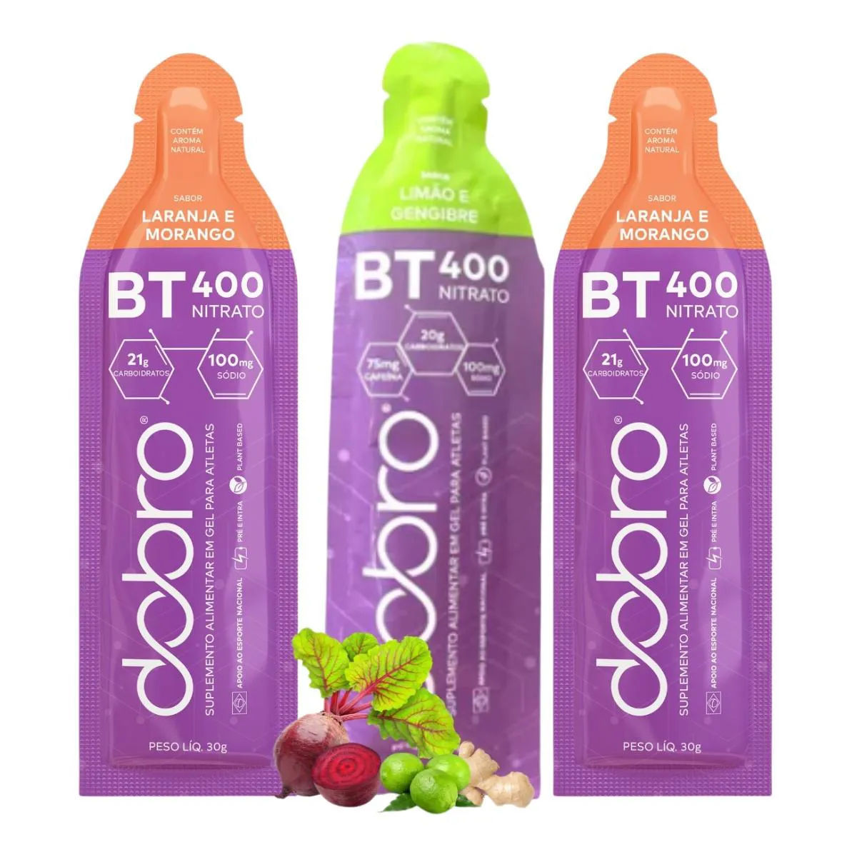 Bt Nitrato 400 Gel 3 Sachês Carboidrato Beterraba Dobro Todos Sabores  2 Limão + 1 Laranja