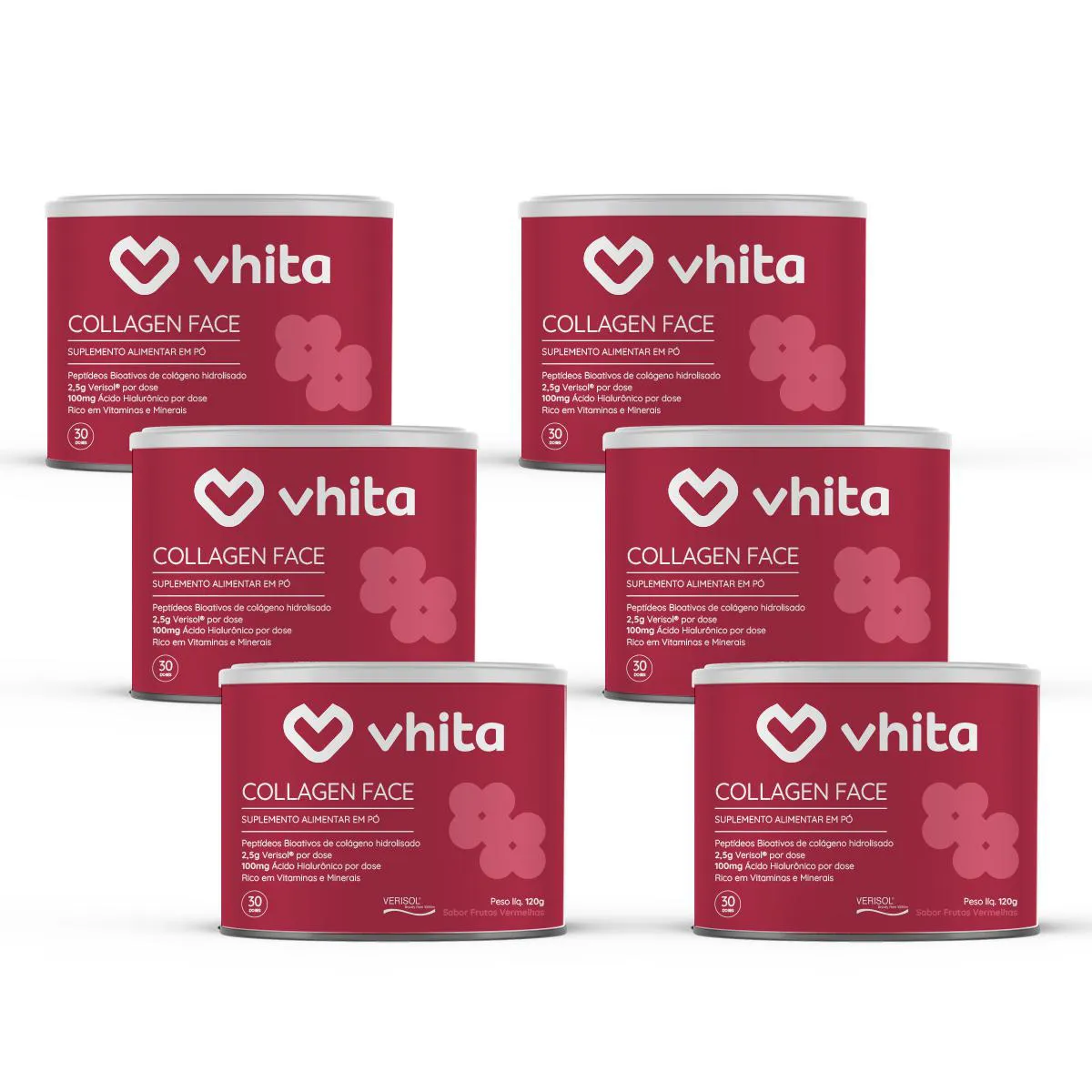 Kit 6 Collagen Face - Colágeno Hidrolisado Verisol, Ácido Hialurônico e Vitaminas - Frutas 120g - Vhita