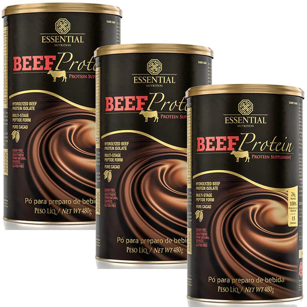 Kit Proteína em Pó Beef Protein Essential Nutrition Cacau 480g 3 unidades
