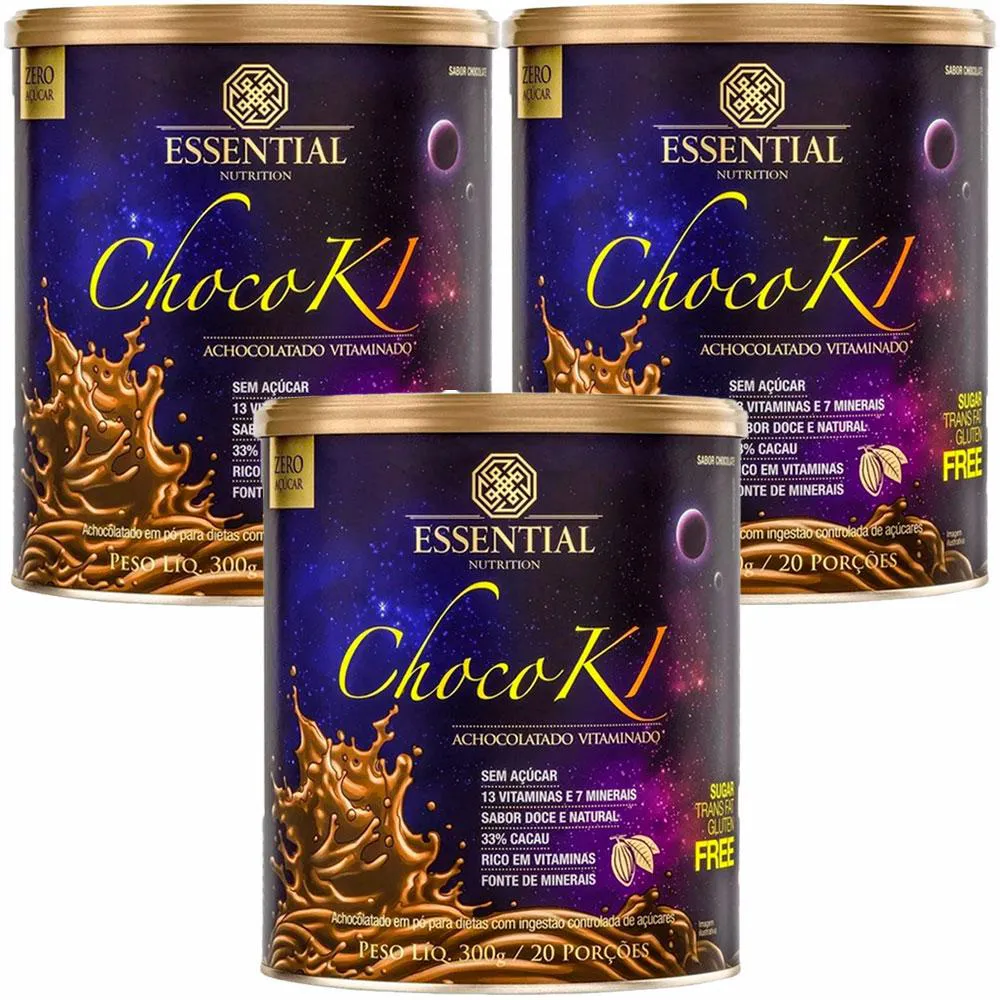 Kit 3x Chocoki Achocolatado Vitaminado - 300g Cada - Essential Nutrition