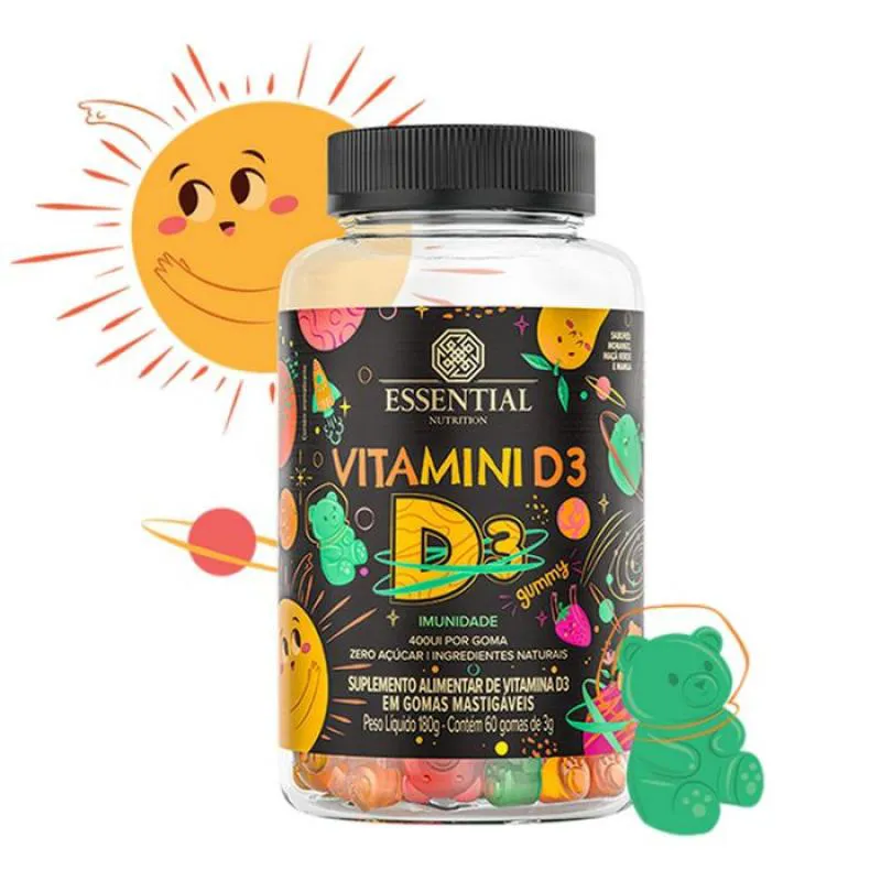 Vitamina D Essential Nutrition Vitamini D Morango, Manga e Maçã Verde 60 Gomas