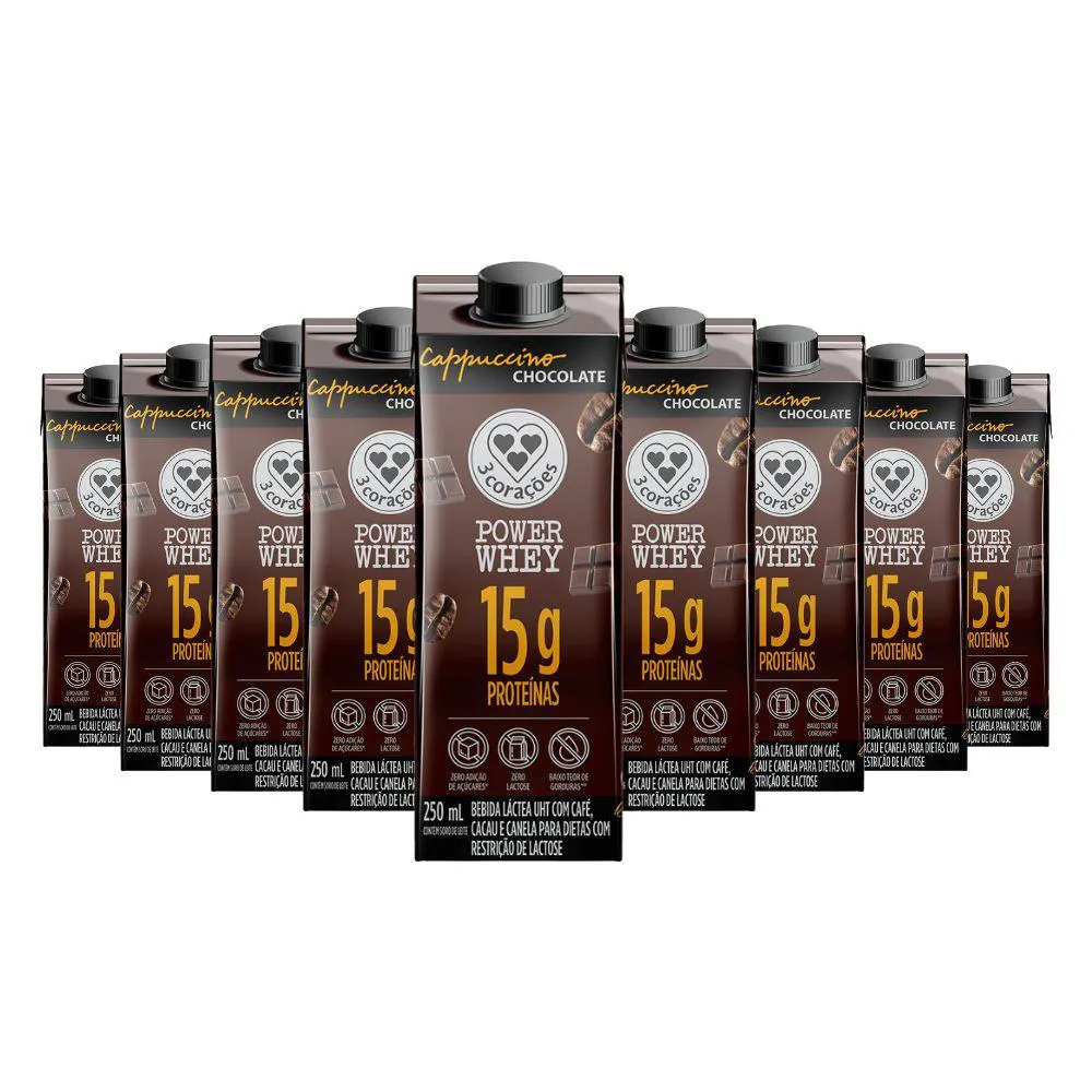 Bebida Proteica Power Whey Cappuccino Chocolate Cream 3 Corações (cx 12un de 250ml) Unica