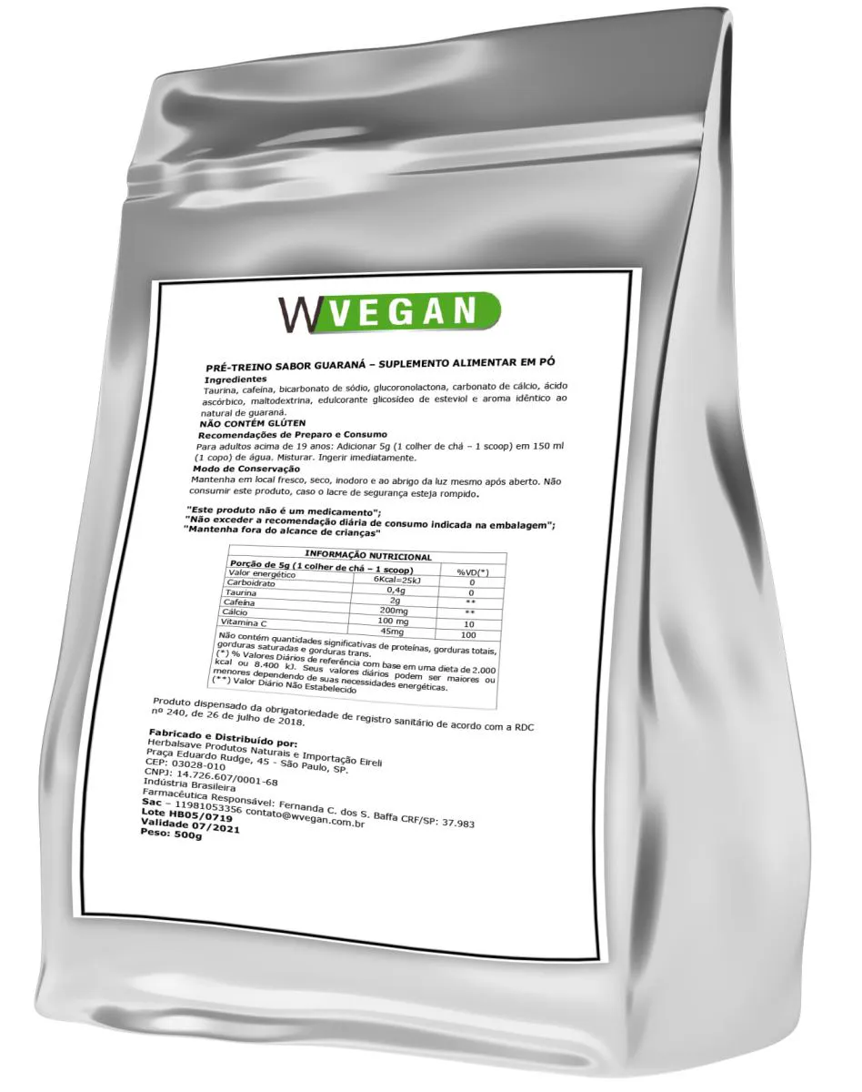 Pre Treino Vegan com Cafeina Sabor Guarana Wvegan 500g Vegano