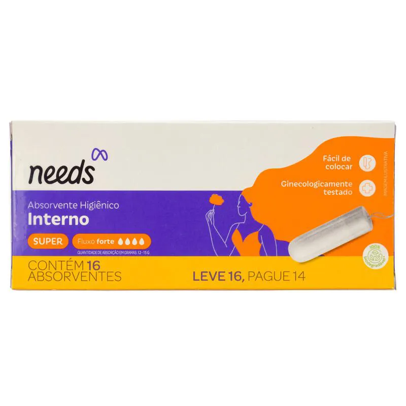 Absorvente Interno Needs Super Fluxo Forte 16 Unidades