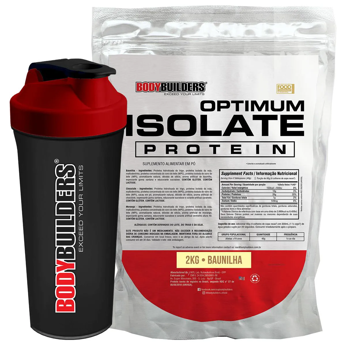 Kit Proteína Isolada BodyBuilders Optimum Isolate Protein Baunilha 2kg  + Coqueteleira Shaker 600ml
