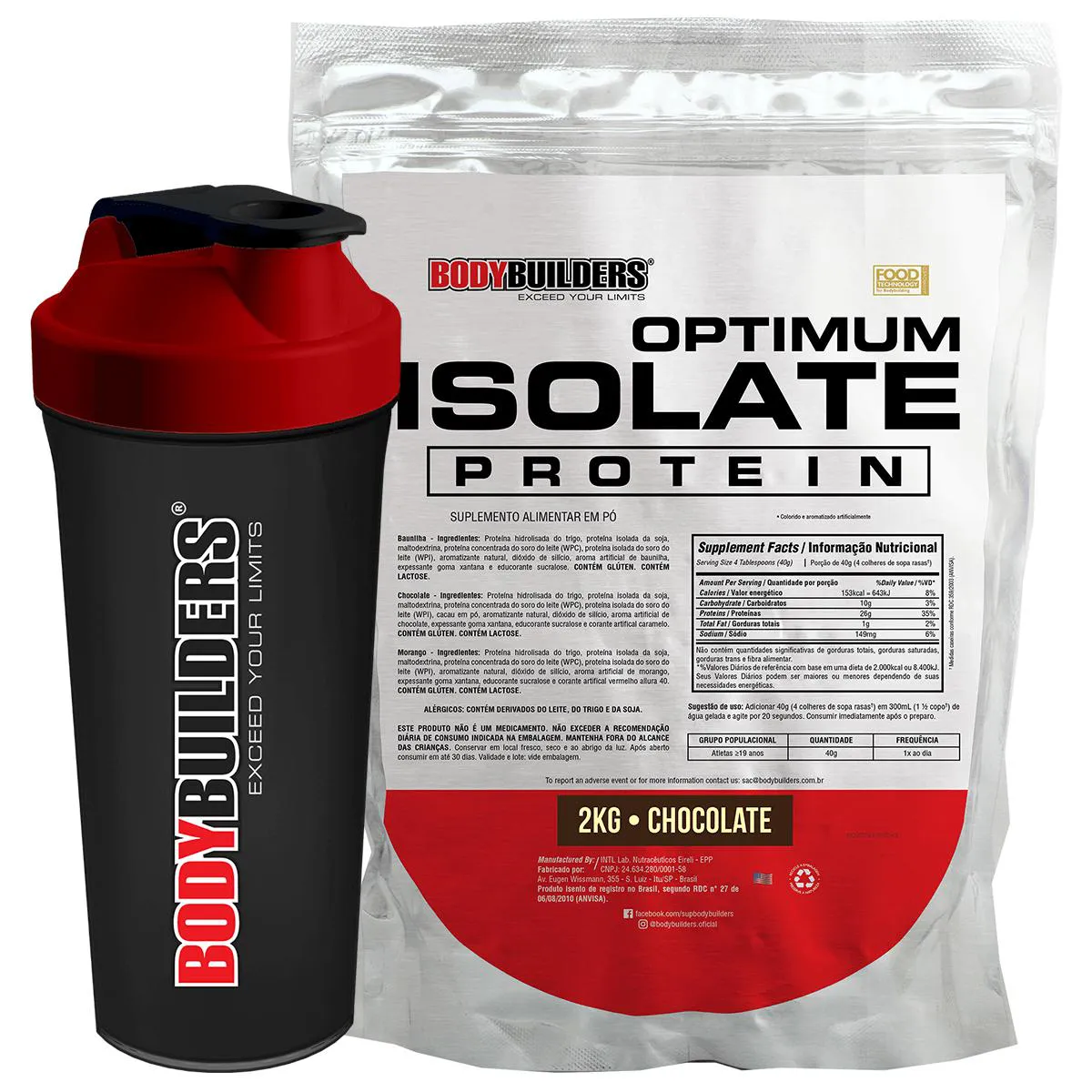 Kit Proteína Isolada BodyBuilders Optimum Isolate Protein Chocolate 2kg  + Coqueteleira Shaker 600ml