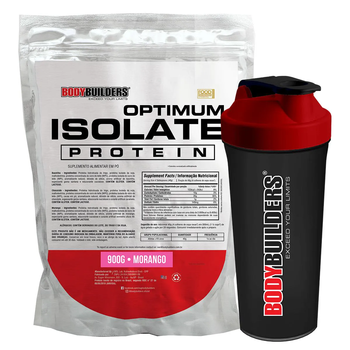 Kit Whey Protein BodyBuilders Optimum Isolate Morango 900g + Coqueteleira Shaker 600ml