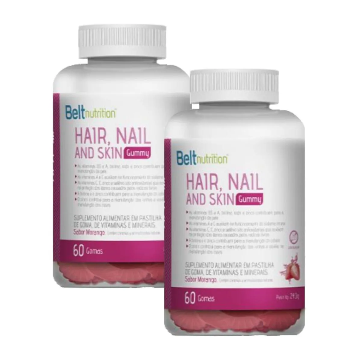 2x Belt Hair, Nail And Skin Gummy - Morango - 60 Gomas