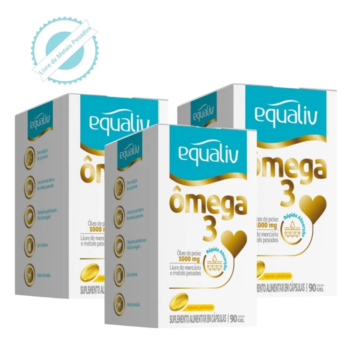 Kit 3 Ômega 3 1000mg Livre de Metais Pesados 90 cápsula Equaliv sem Sabor