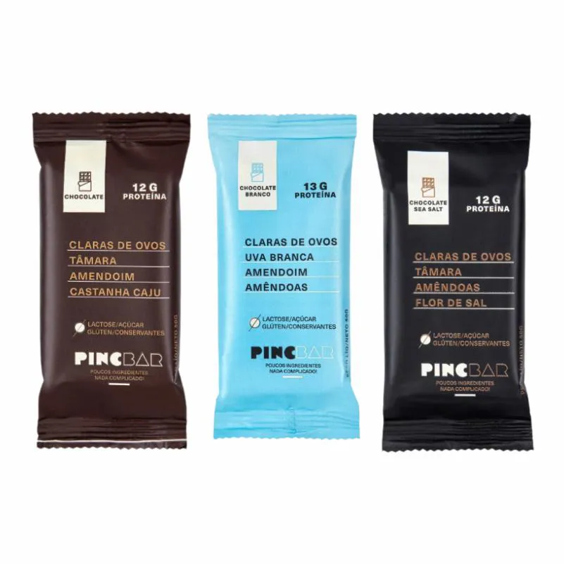 Kit Barras de Proteínas Pincbar 50g Chocolate + Sea Salt + Chocolate Branco