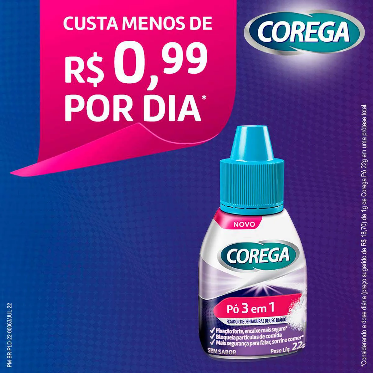 Pó Fixador de Dentaduras Corega 3 em 1 Sem Sabor 22g