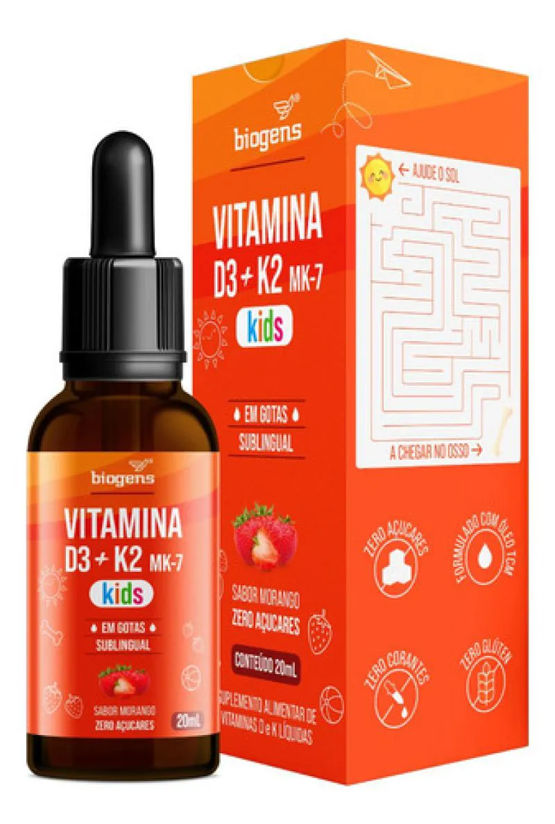 Vitamina D3 + K2, Mk7, Kids, Gotas Frutas Vermelhas, Biogens Morango